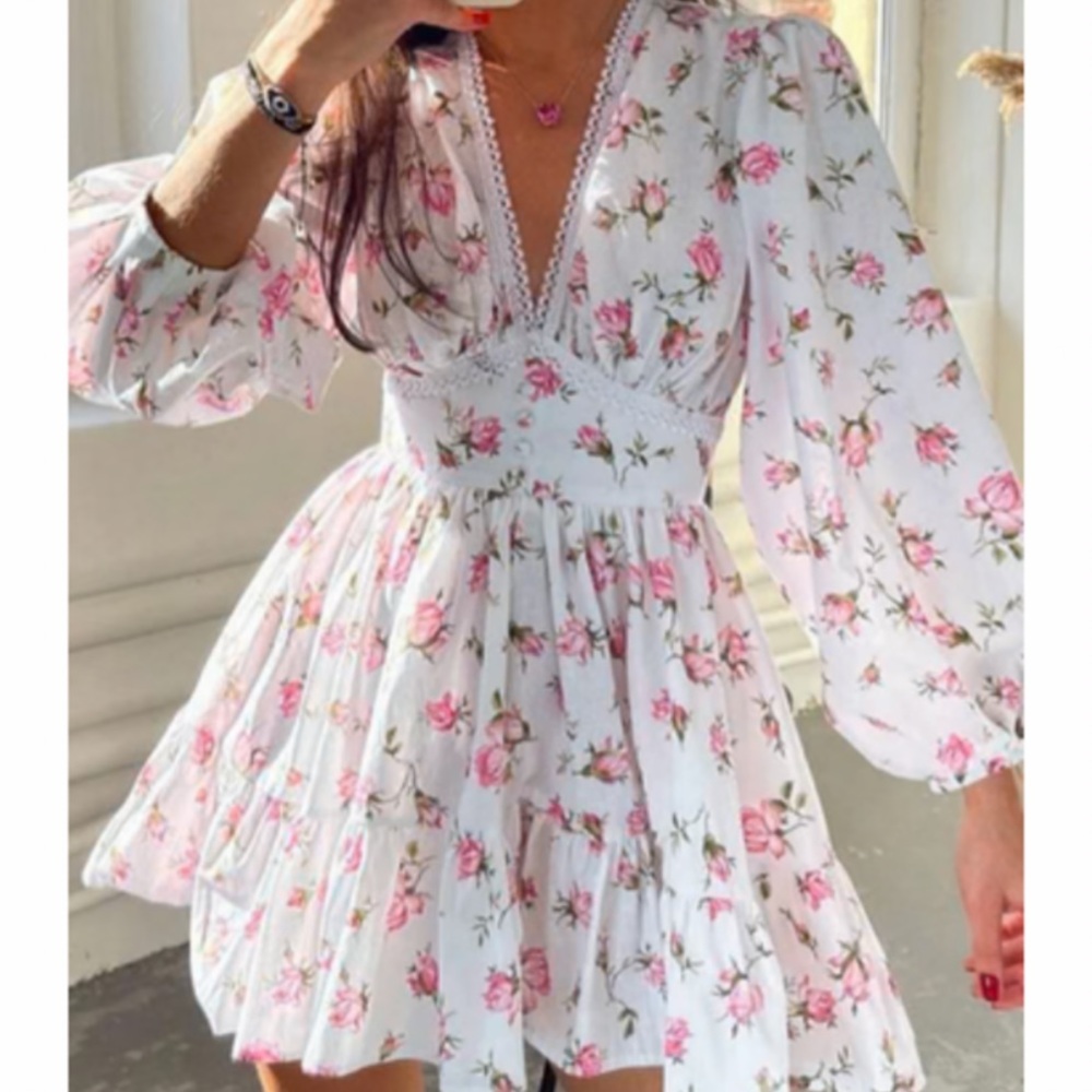 Commense: Floral White and Pink Dress
